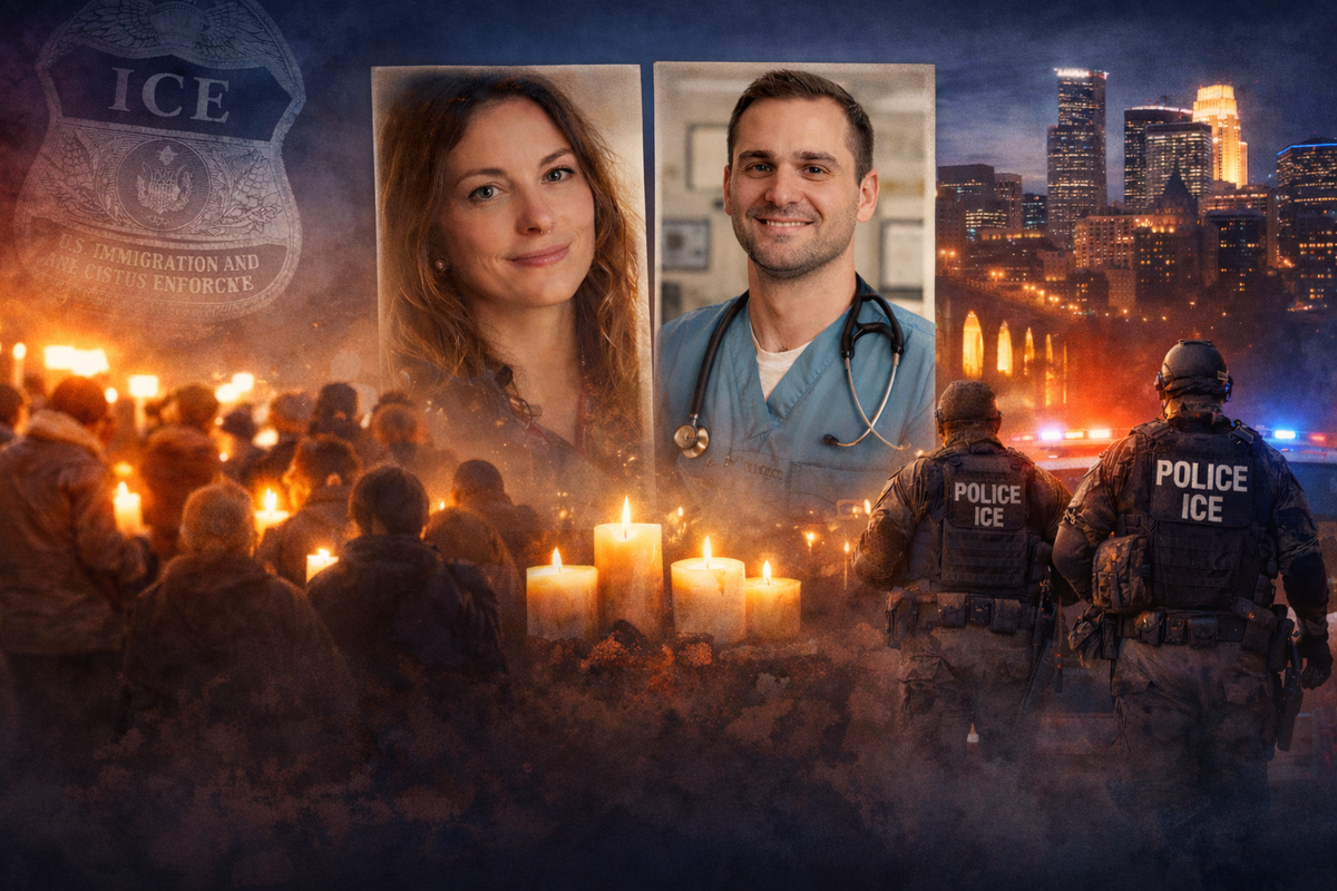 Abstract banner with two portraits centered between a candlelight vigil and the Minneapolis skyline at night, with distant silhouetted officers, conveying grief, tension, and reflection.
